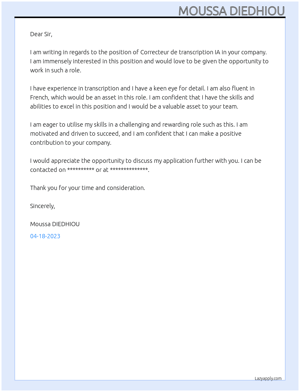 Correcteur de transcription IA At votre entreprise Cover Letter