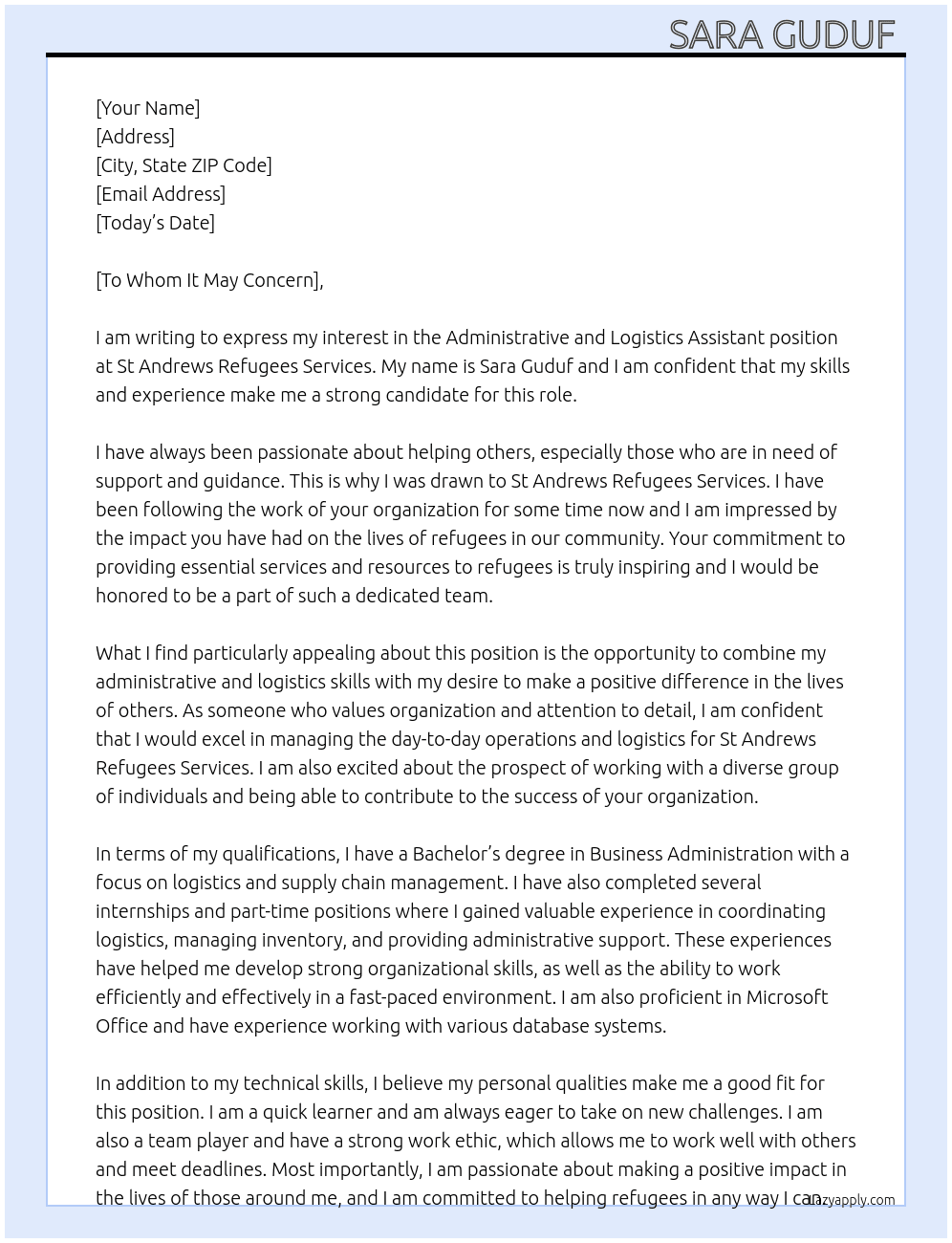 Administrative and Logistics Assistant At St Andrews Refugees Services  Cover Letter