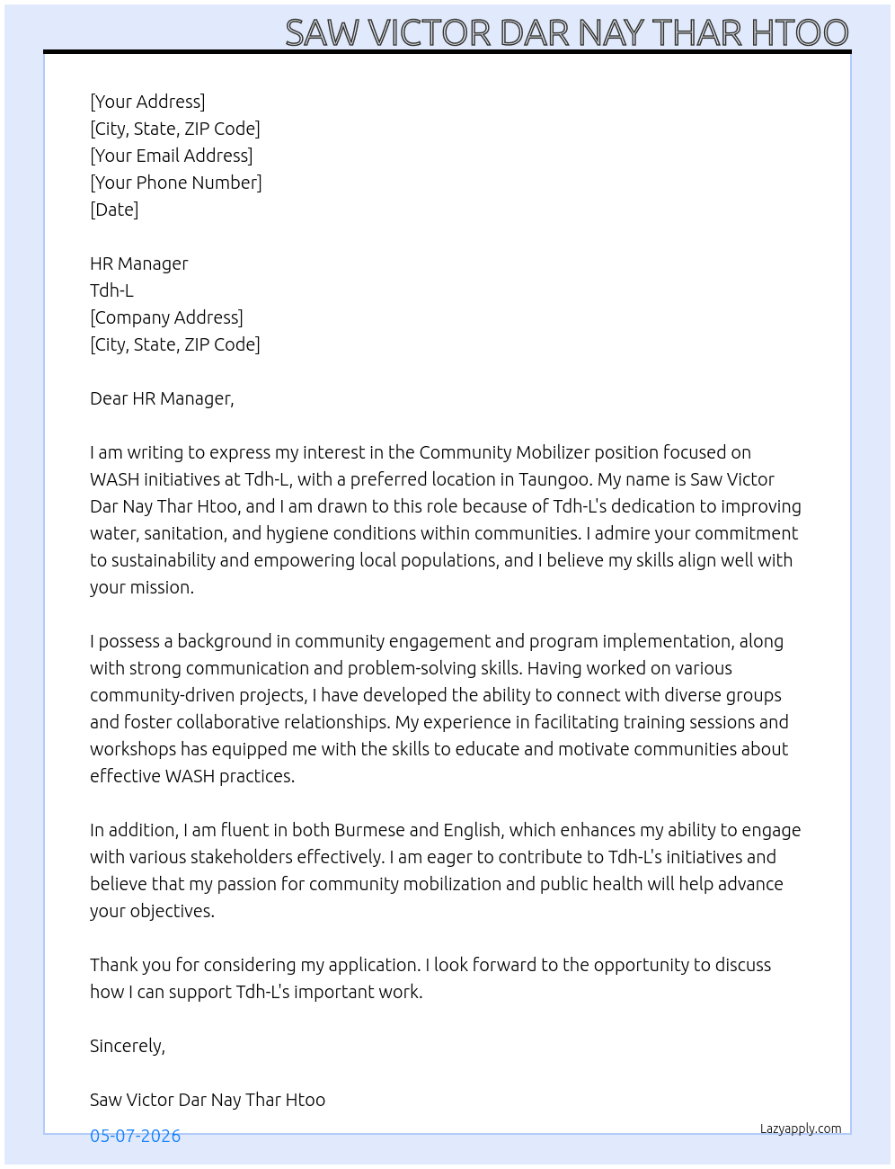 Community Mobilizer At Tdh-L Cover Letter