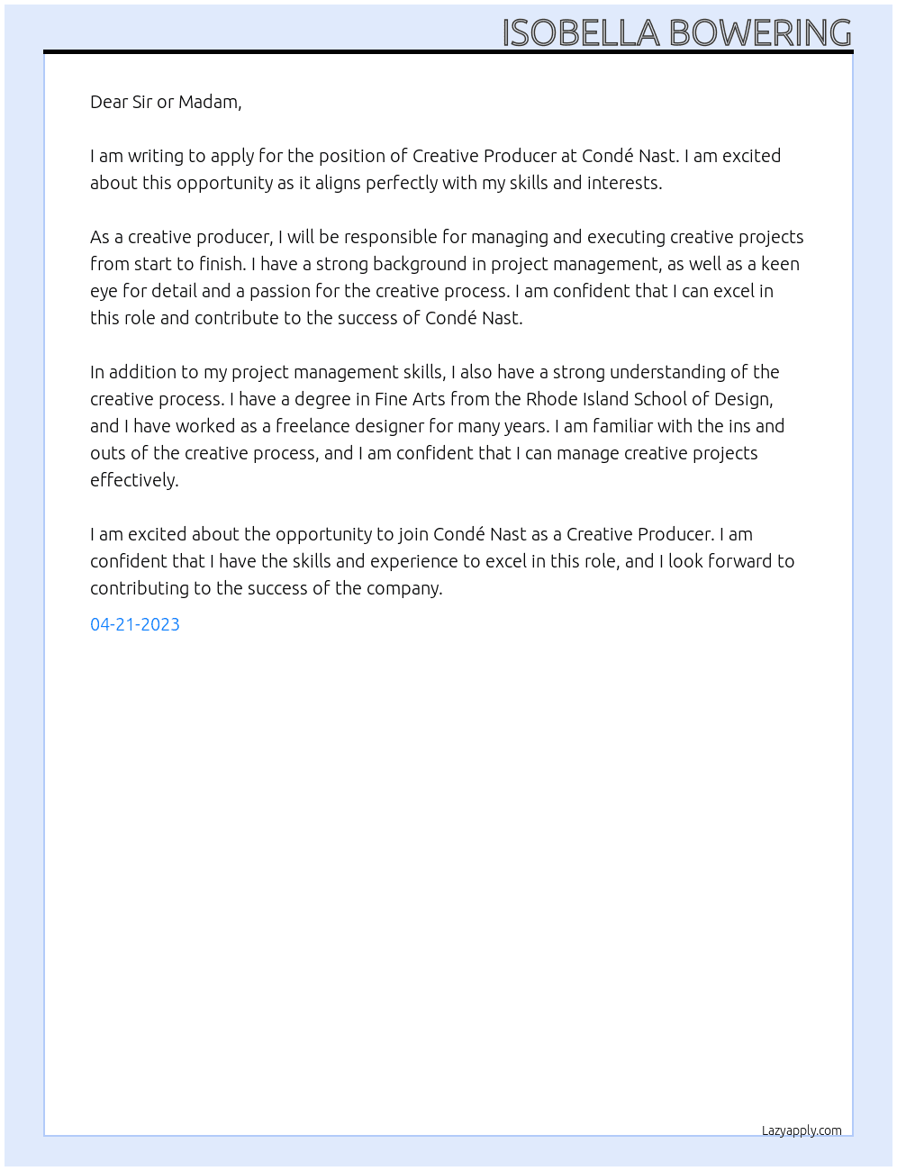 Creative Producer At Condé Nast Cover Letter