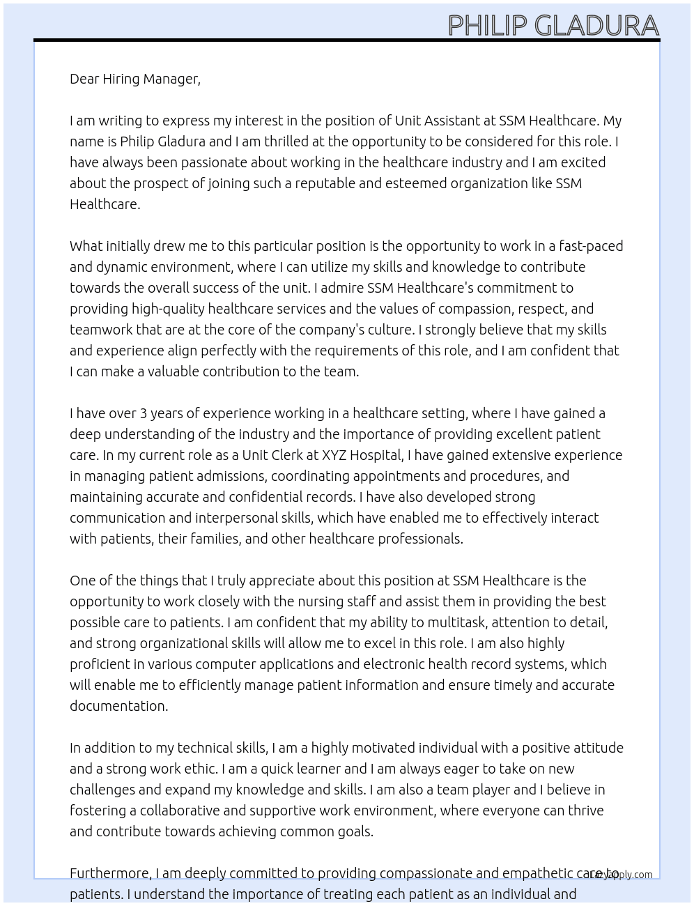 Unit Assistant At SSM Healthcare Cover Letter
