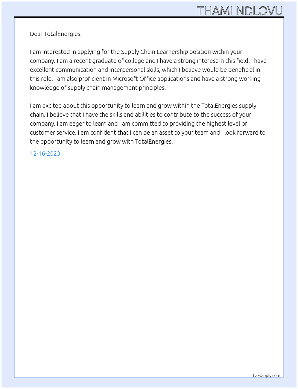 Supply Chain Learnership At TotalEnergies Cover Letter
