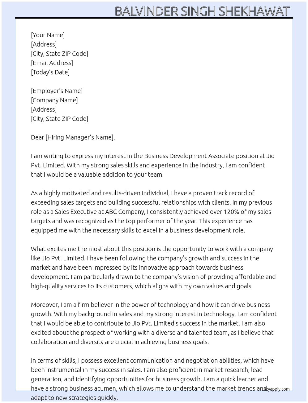 Business development associates At Jio pvt. Limited  Cover Letter