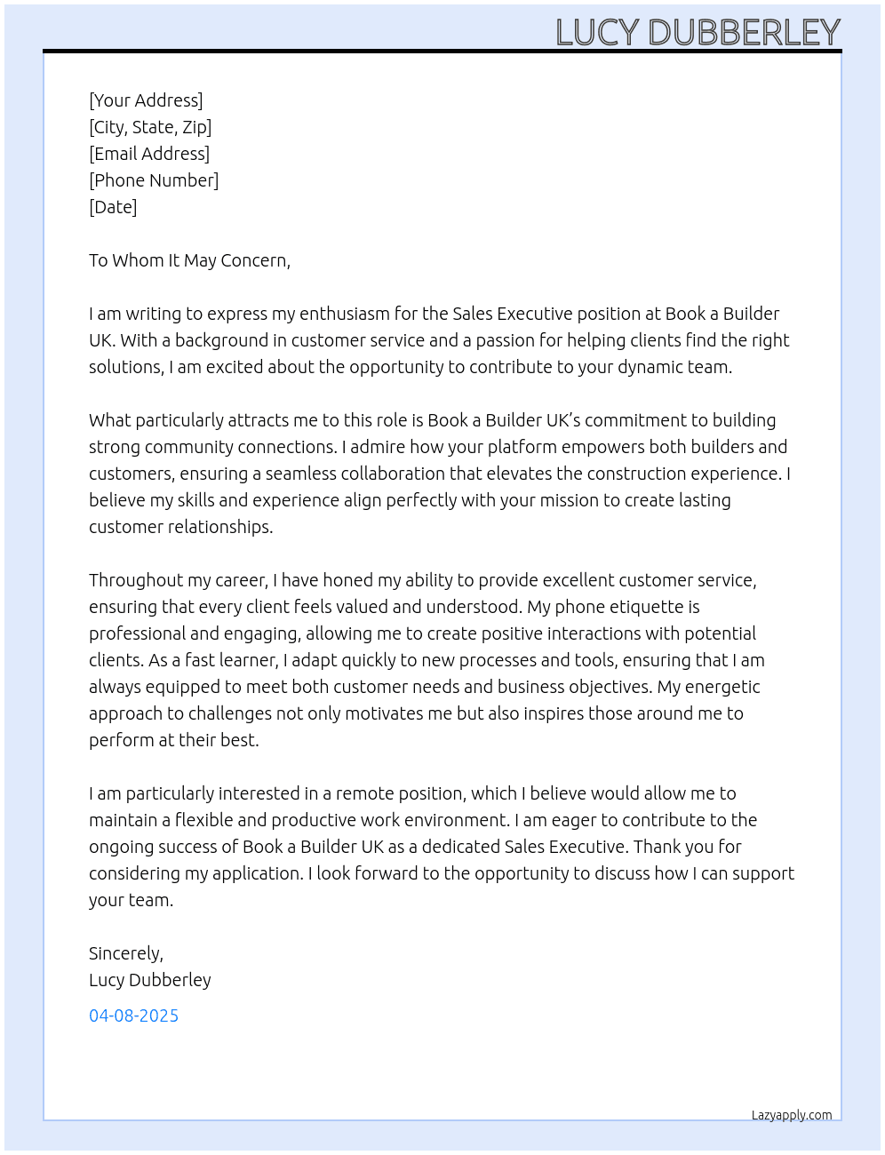 Sales executive At Book a builder uk Cover Letter