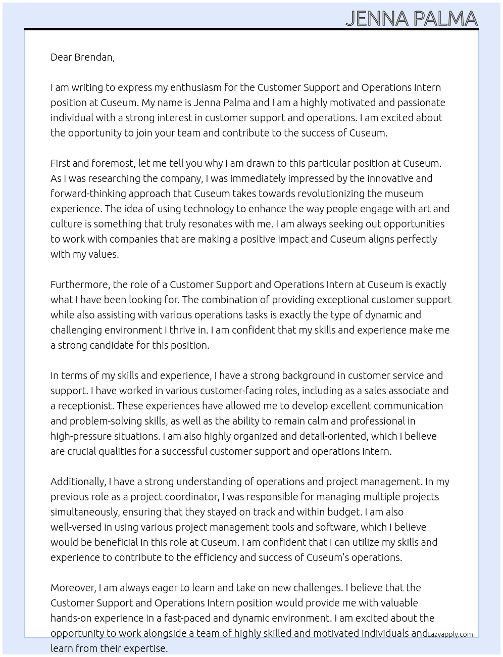 Customer Support and Operations Intern At Cuseum Cover Letter