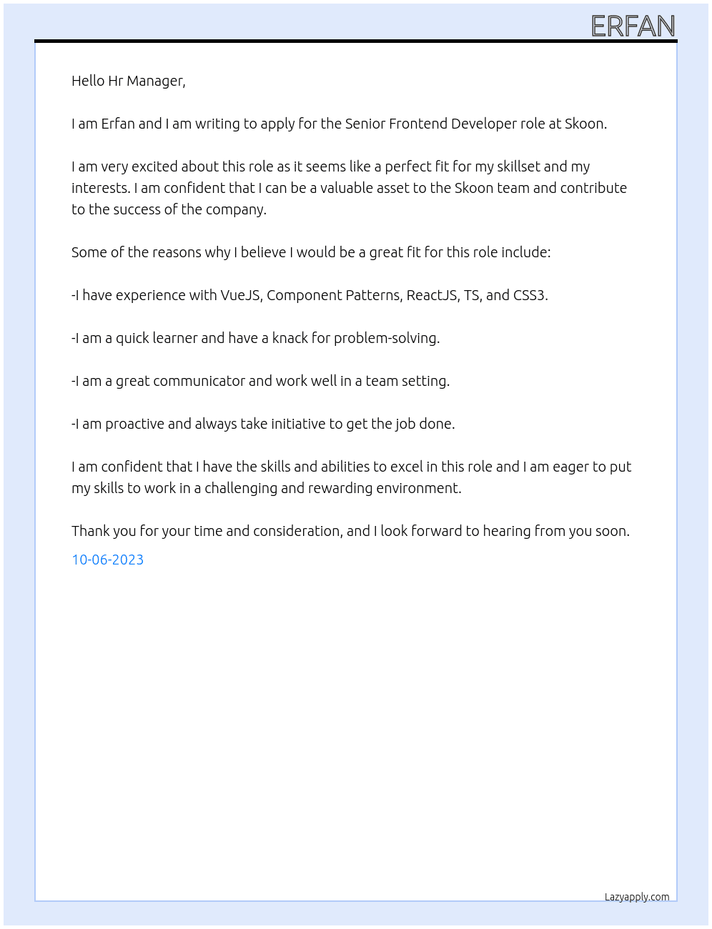 Senior Frontend Developer  At Skoon Cover Letter