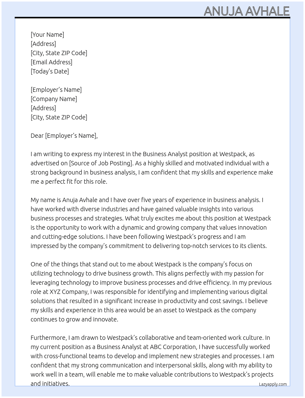 Business Analyst At Westpack Cover Letter