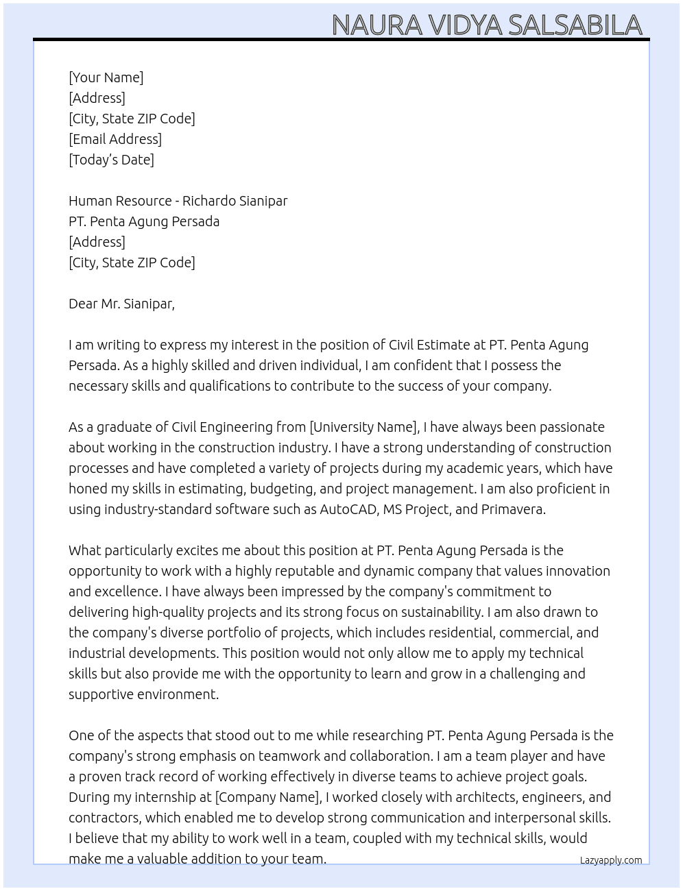 civil estimate At PT. Penta Agung Persada Cover Letter