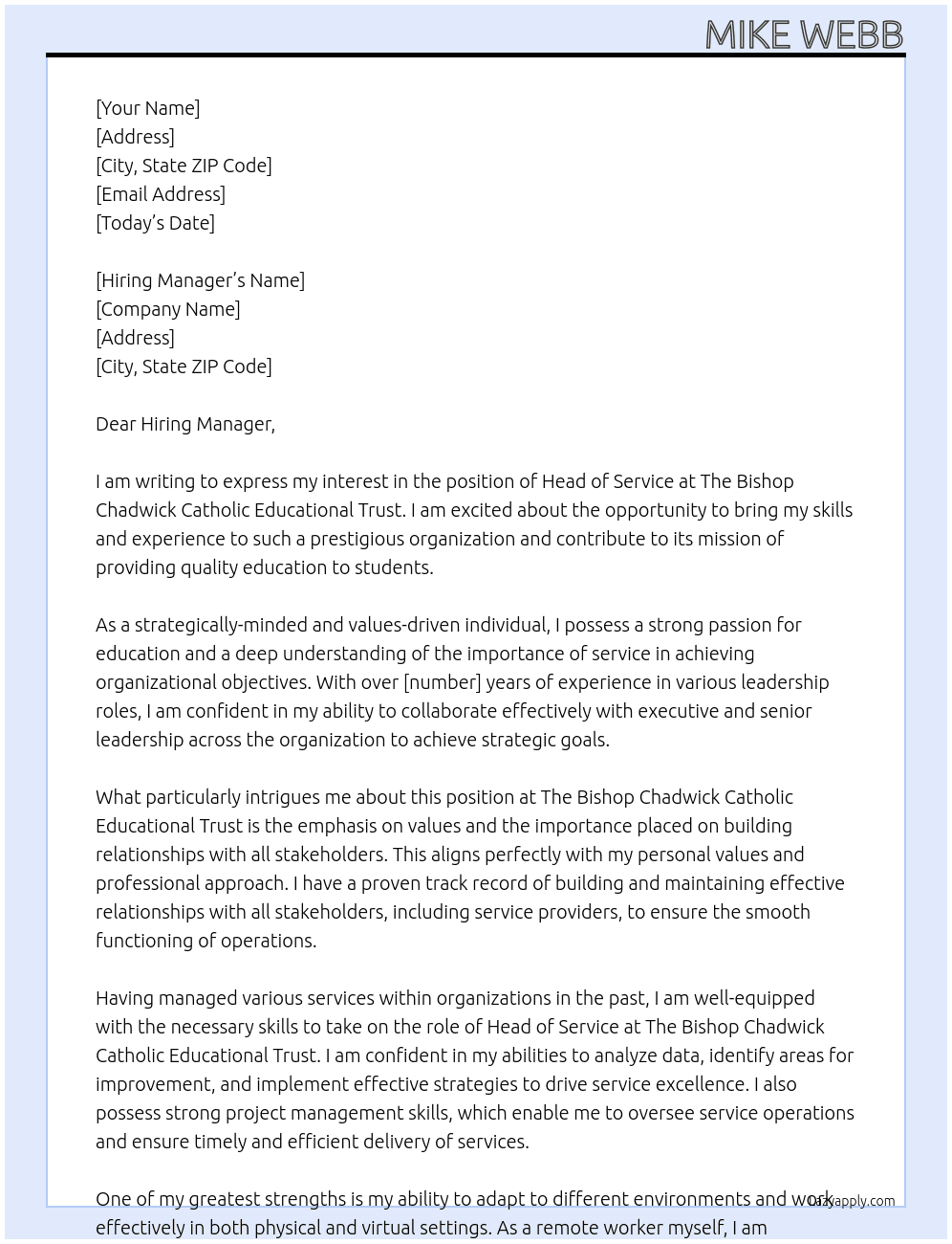 Head of Service At The Bishop Chadwick Catholic Educational Trust, Cover Letter