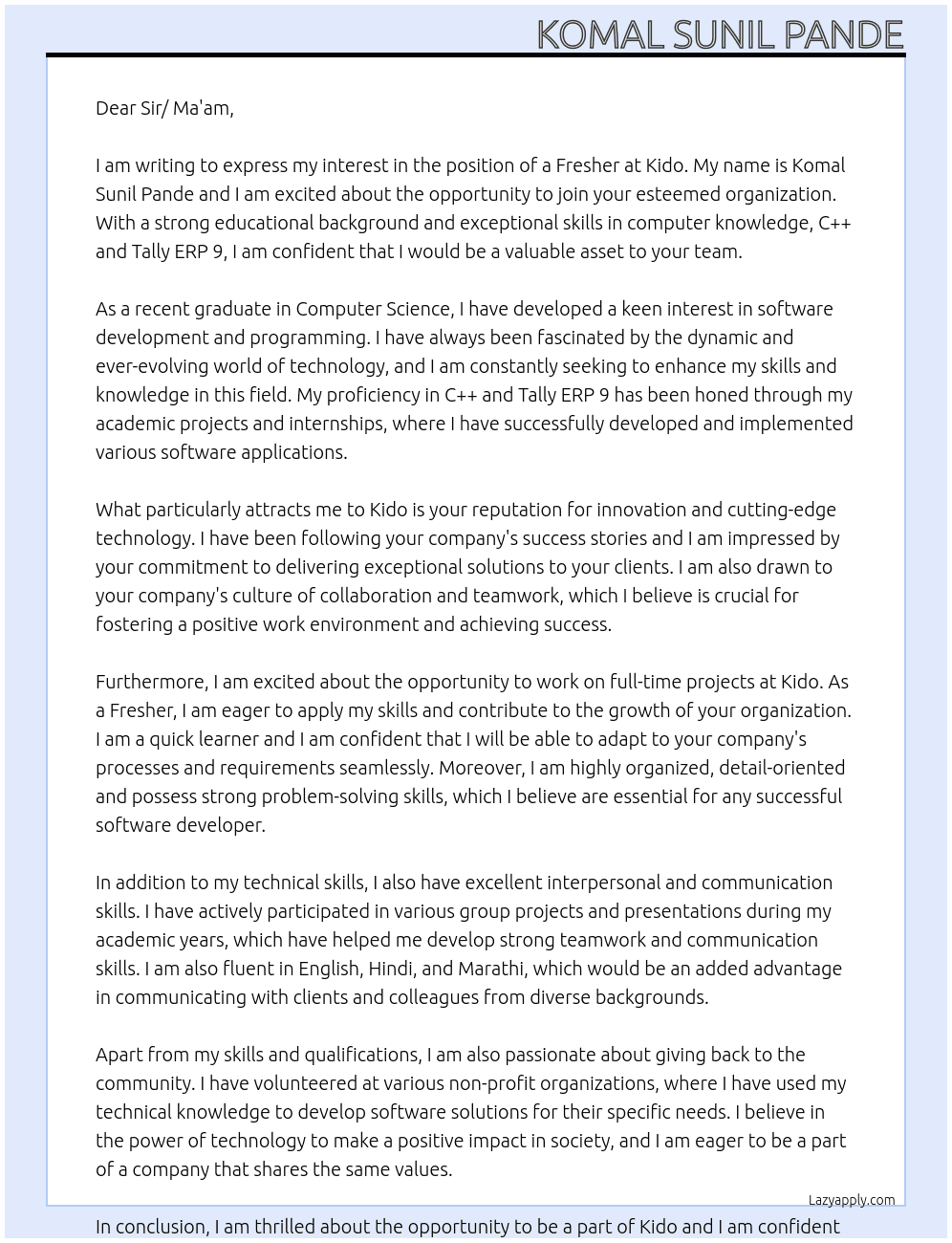 Fresher  At Kido Cover Letter