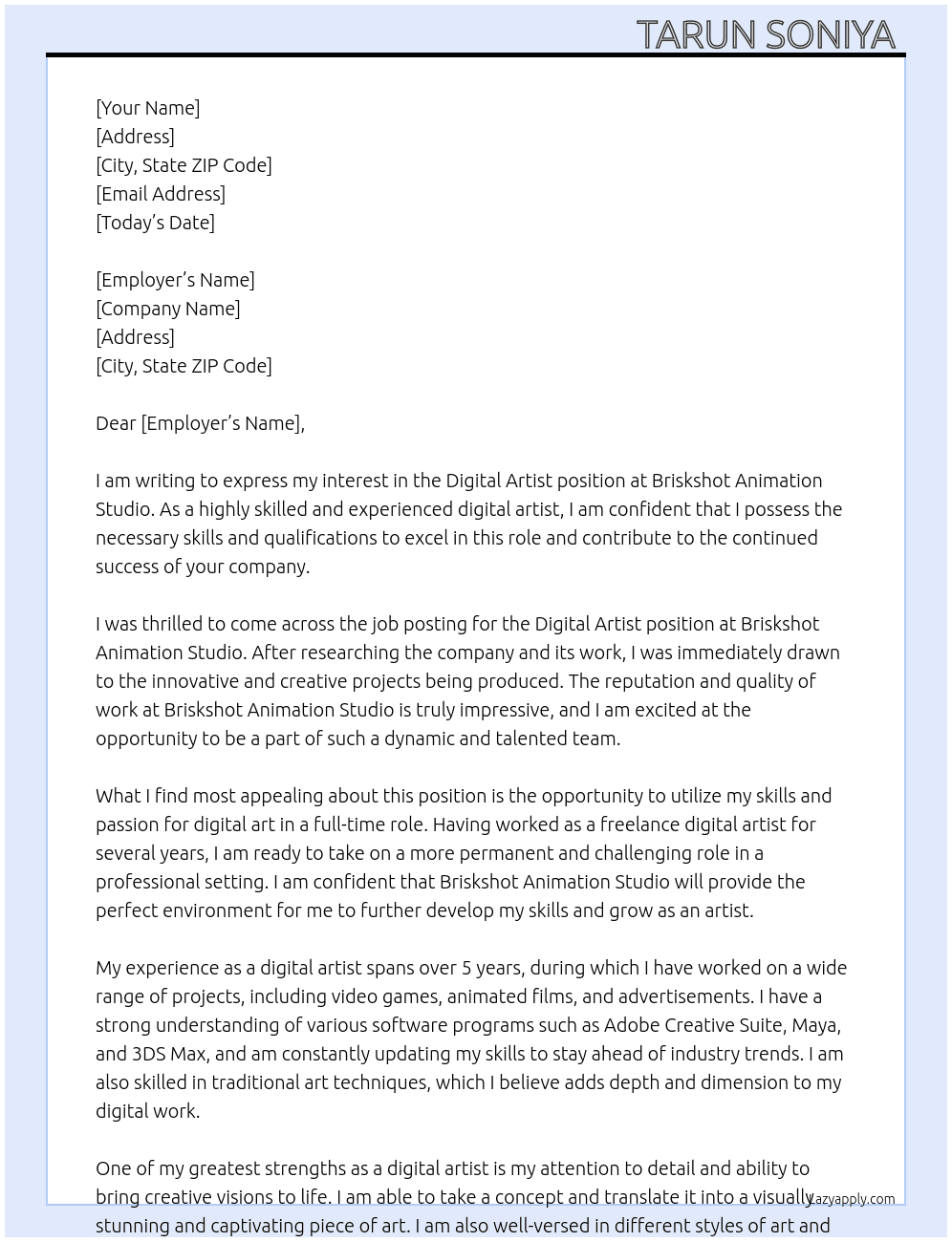 Digital artist  At Briskshot Animation Studio  Cover Letter