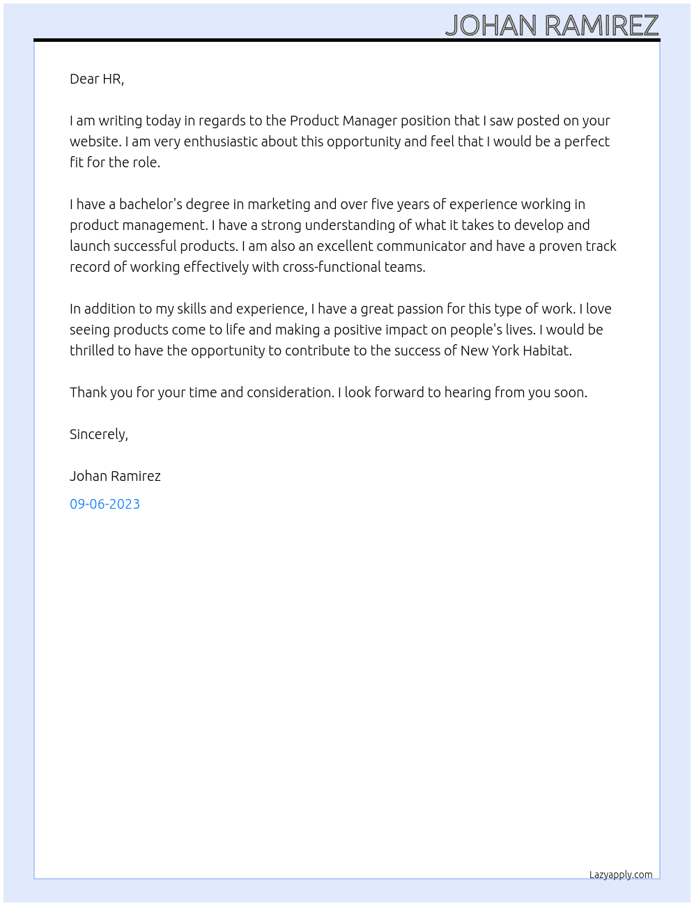 Product Manager At New York Habitat Cover Letter