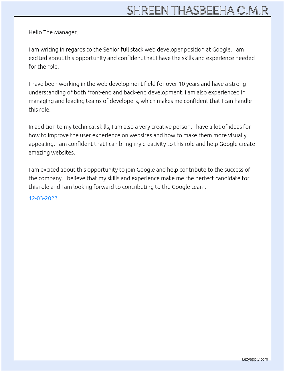 Senior full stack web developer  At Google Cover Letter