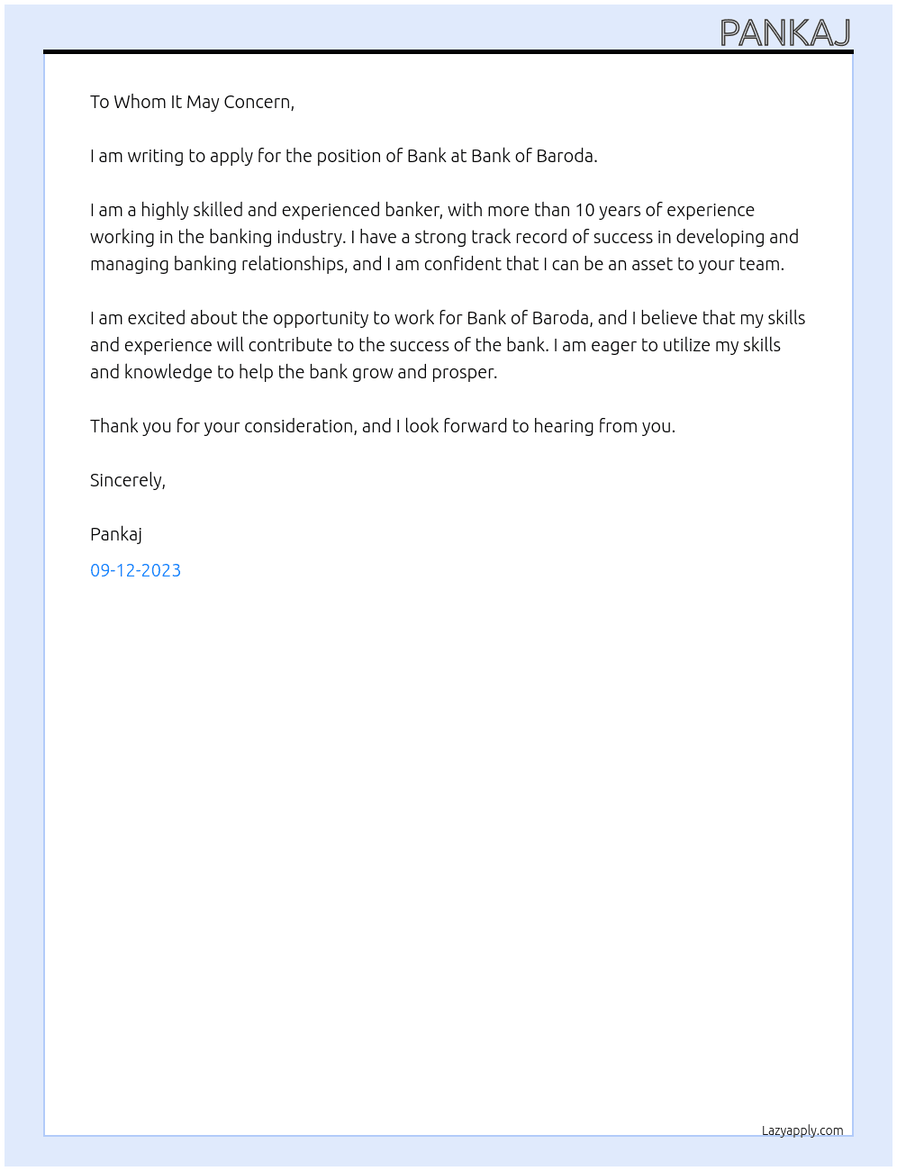 Bank At Bank of baroda Cover Letter