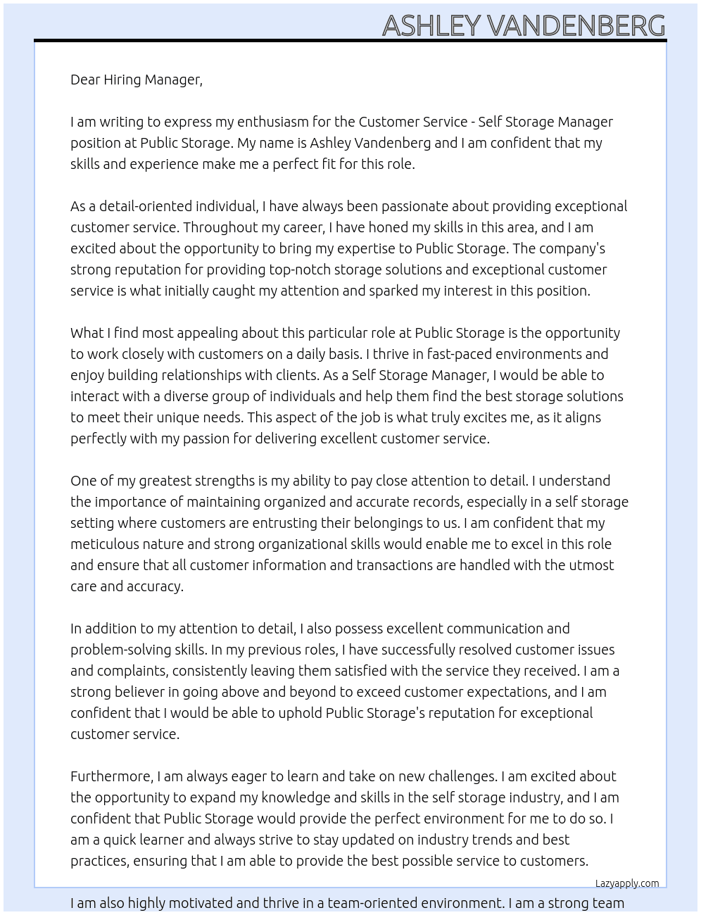 Customer Service - Self Storage Manager At Public Storage Cover Letter