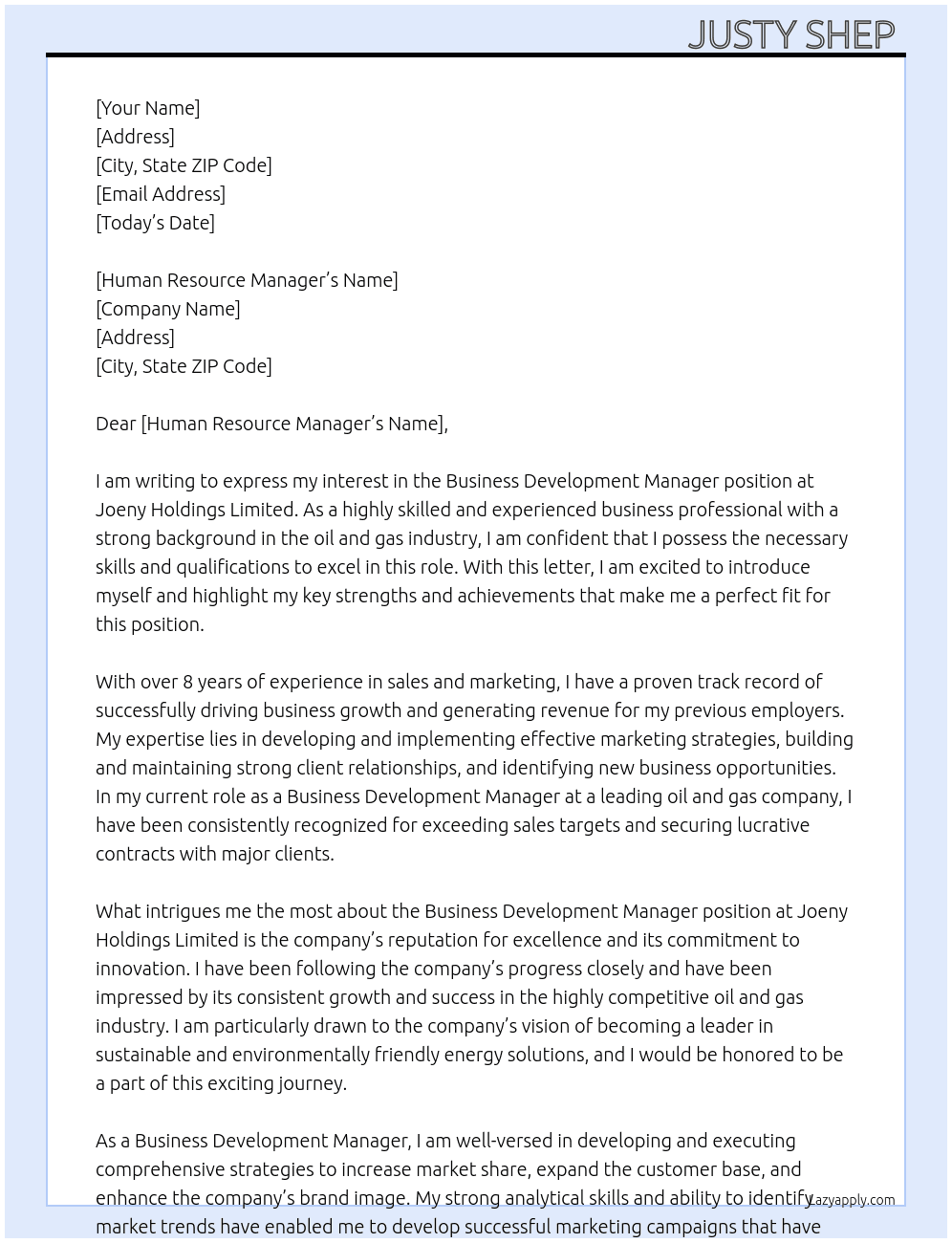 Business Development Manager (Oil and Gas) At Joeny Holdings Limited Cover Letter