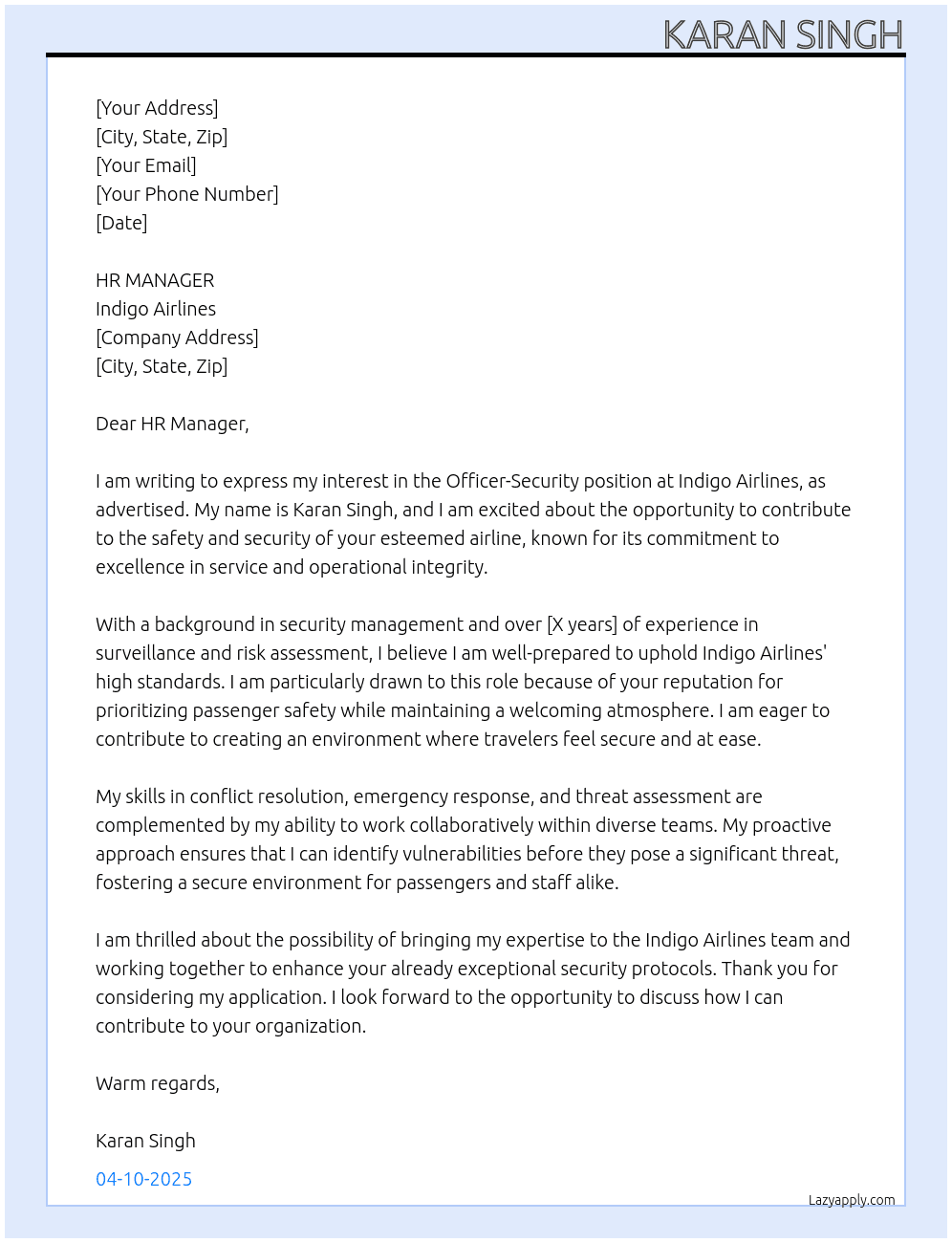 Cover letter for officer-security - LazyApply