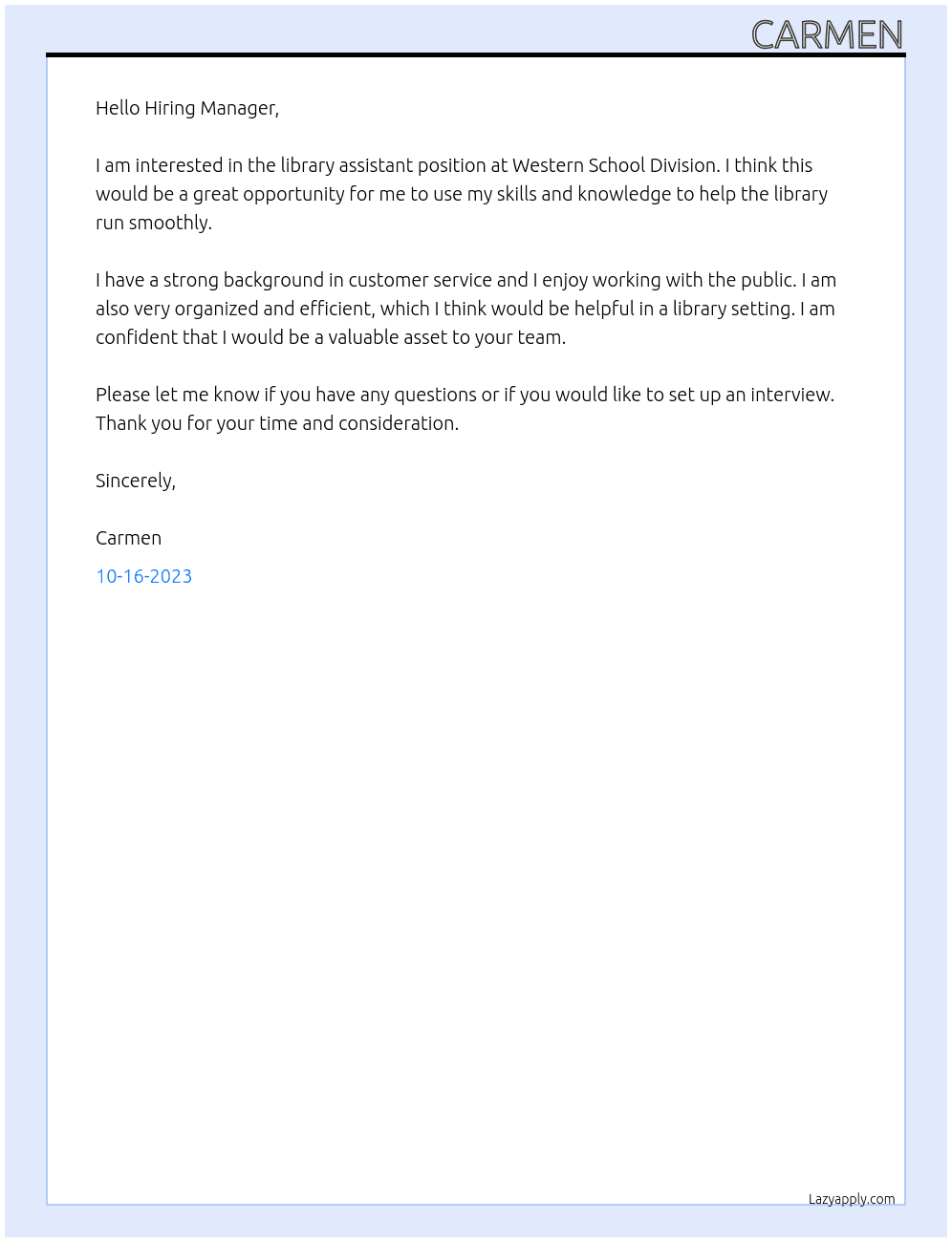 library assistant At Western School Division Cover Letter
