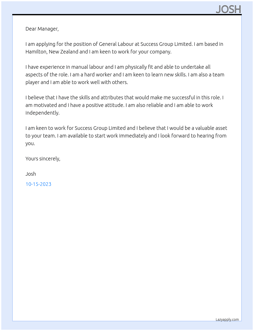 General Labour At Success Group Limited Cover Letter