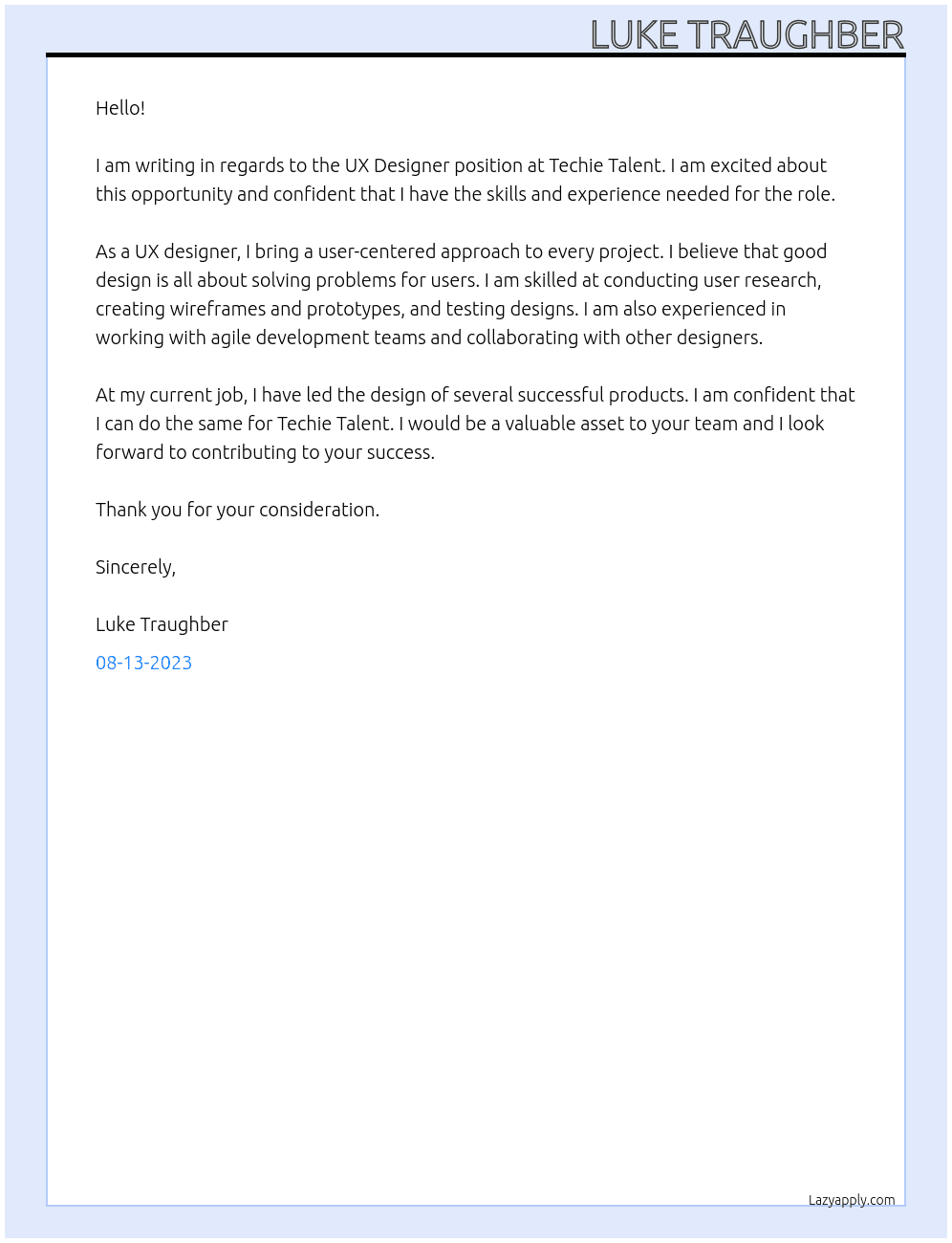 UX designer At Techie Talent Cover Letter