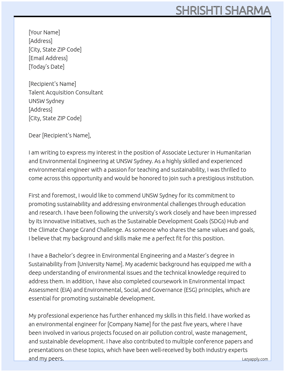 Associate Lecturer in Humanitarian and Environmental Engineering  At UNSW Sydney Cover Letter