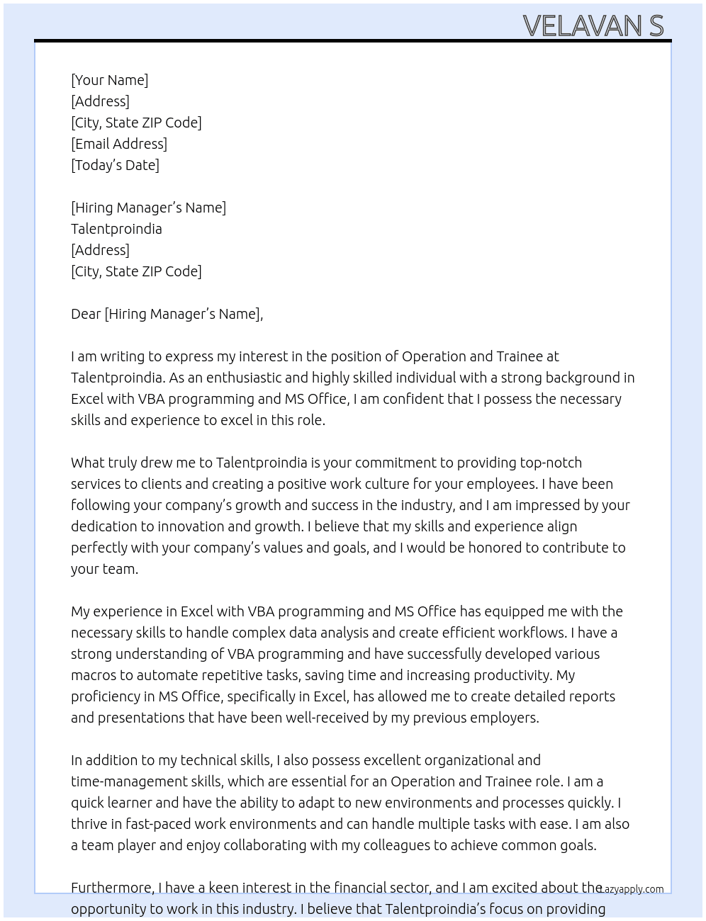 Operation and trainee At Talentproindia Cover Letter
