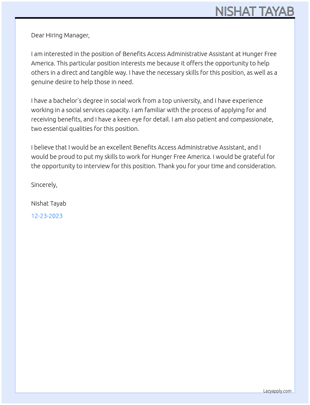 Benefits Access Administrative Assistant At Hunger Free America Cover Letter