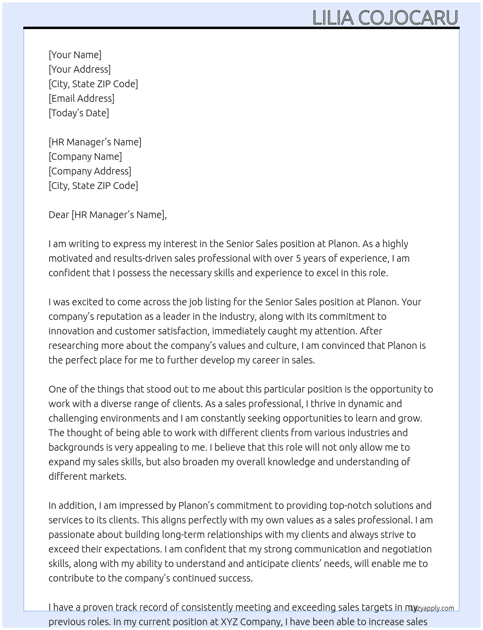 Senior Sales At Planon Cover Letter