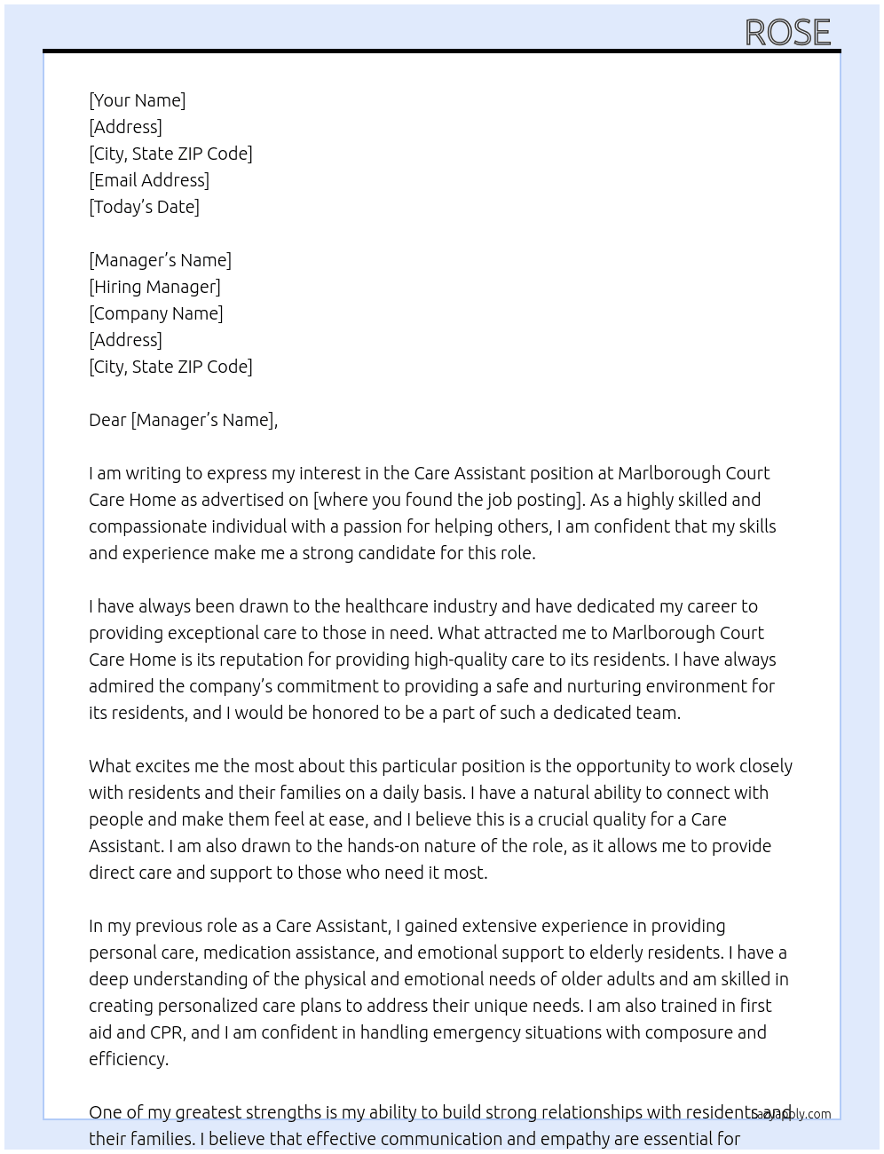 Care Assistant  At Marlborough Court Care Home Cover Letter