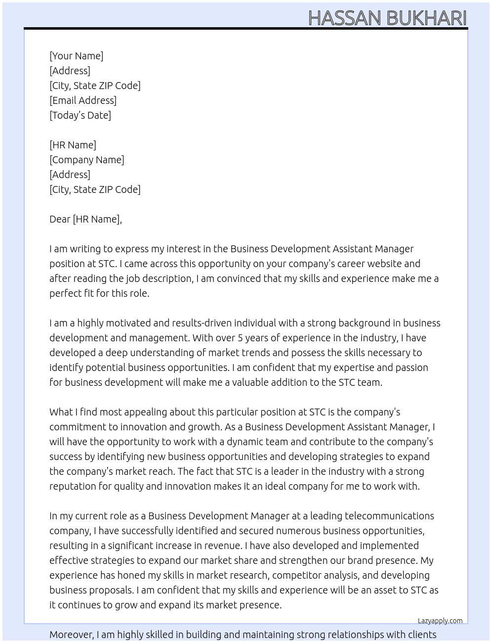 Business Development Assistant Manager At STC Cover Letter