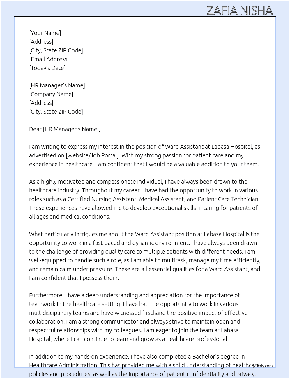 Ward assistant  At Labasa hospital  Cover Letter