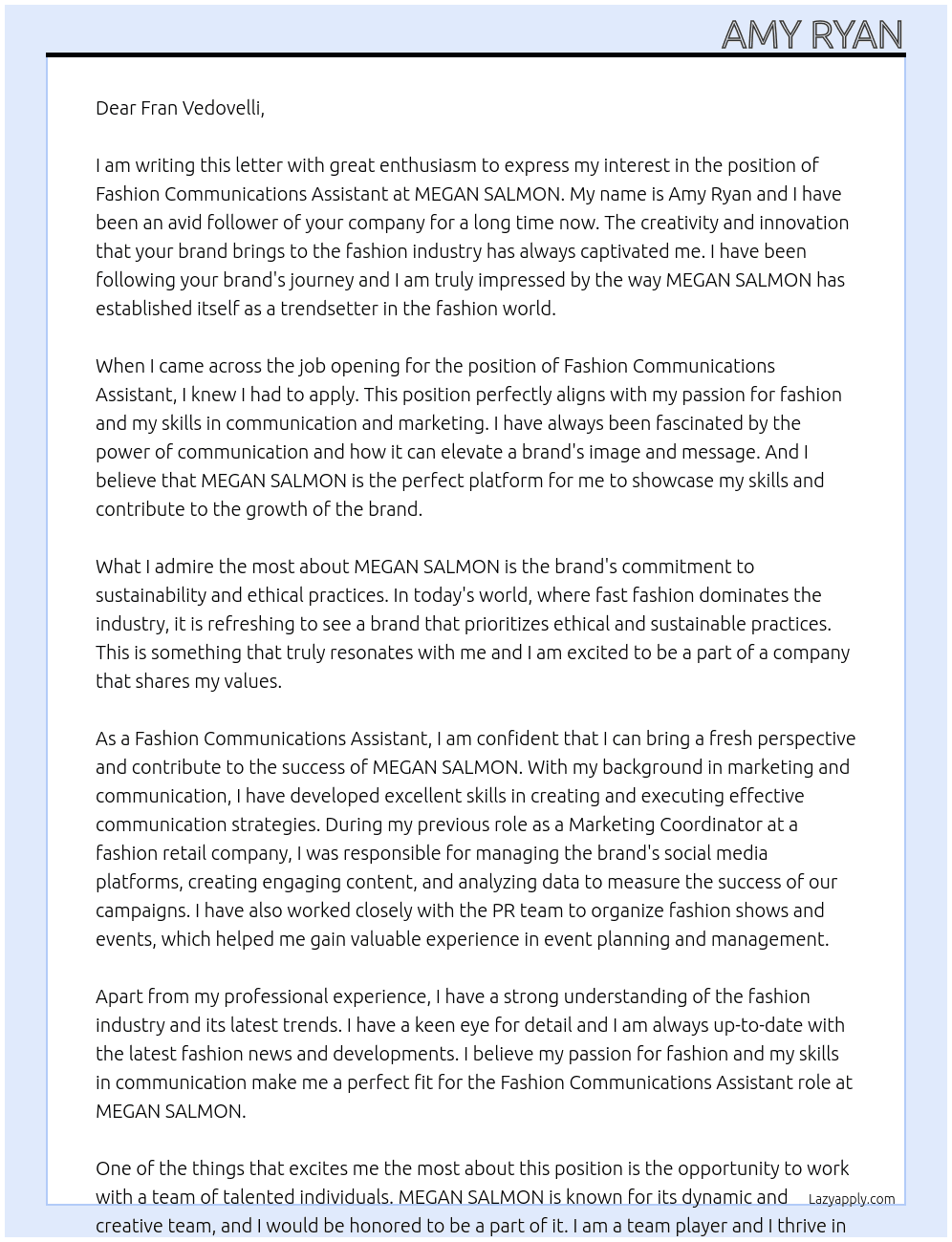 Fashion Communications Assistant At MEGAN SALMON Cover Letter