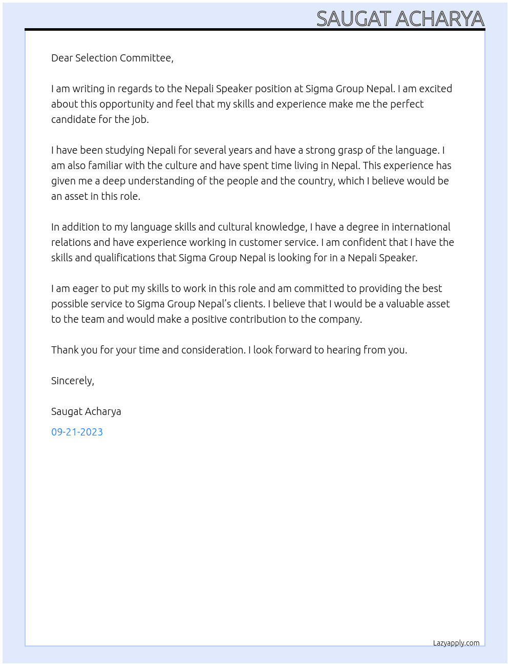 Nepali Speaker At Sigma Group Nepal Cover Letter