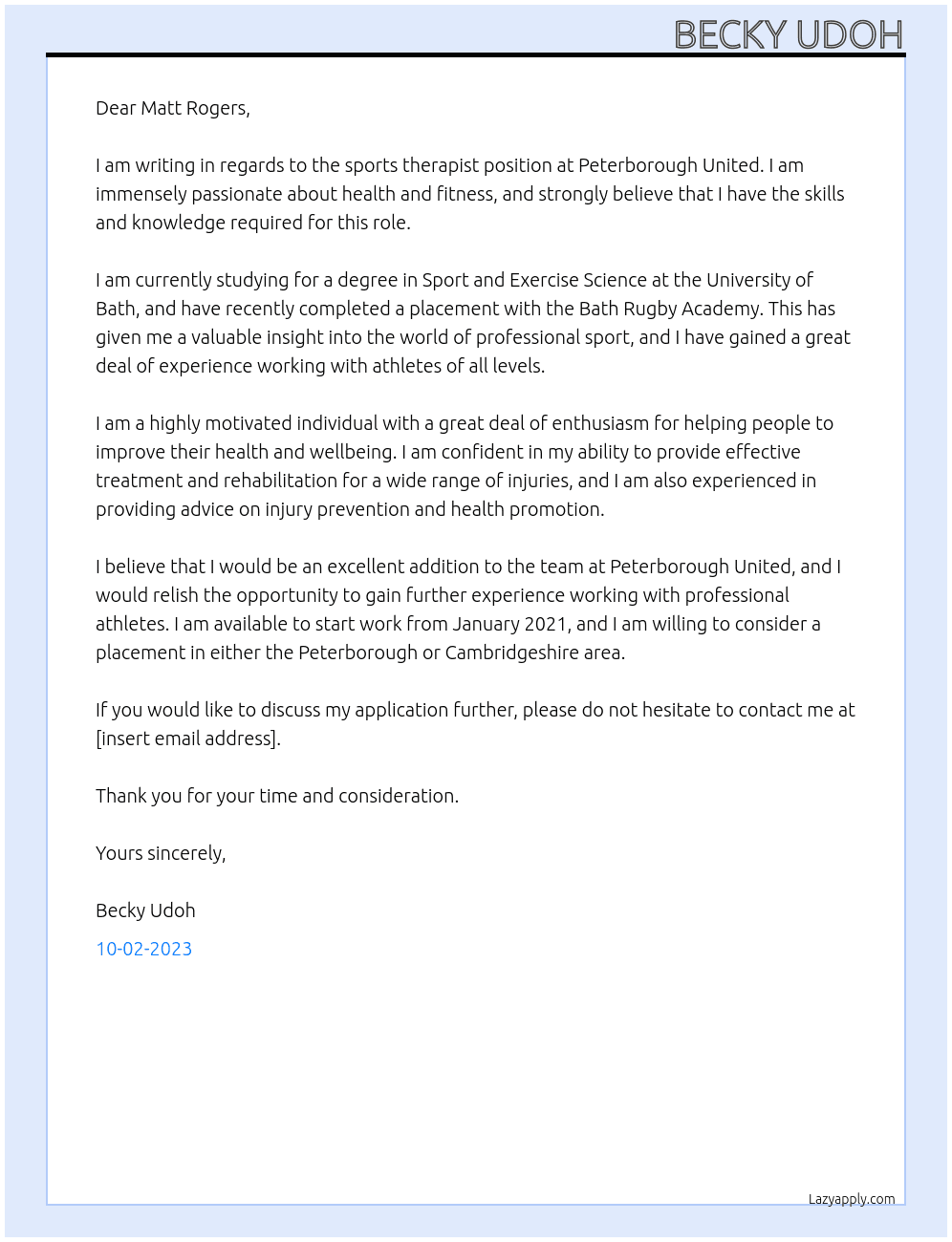 Sports Therapist At Peterborough United Cover Letter