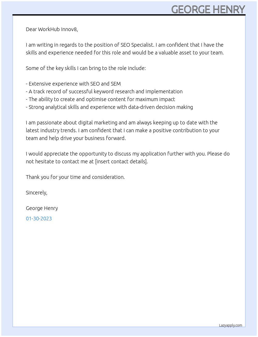 SEO Specialist At WorkHub Innov8 Cover Letter