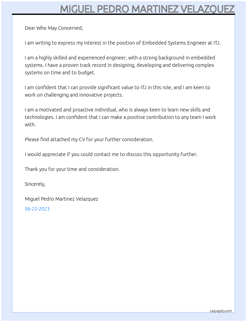 Embedded Systems Engineer At ITJ Cover Letter