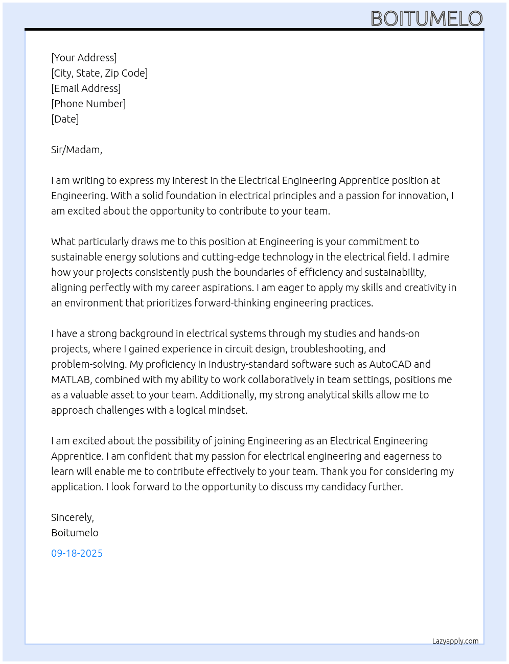 Electrical engineering apprentice At Engineering  Cover Letter