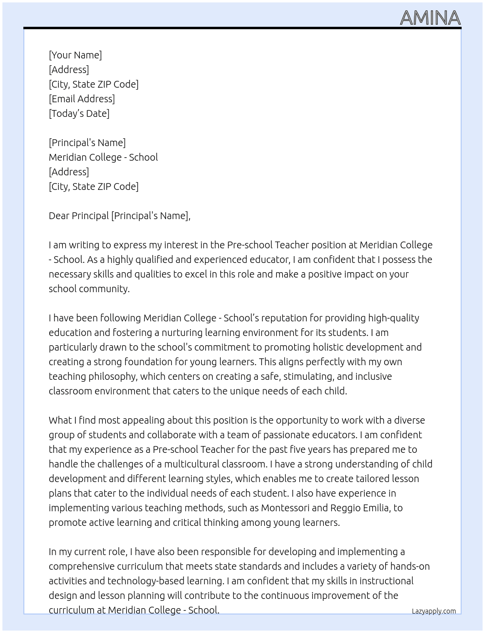 Pre-school teacher At Meridian College - School Cover Letter