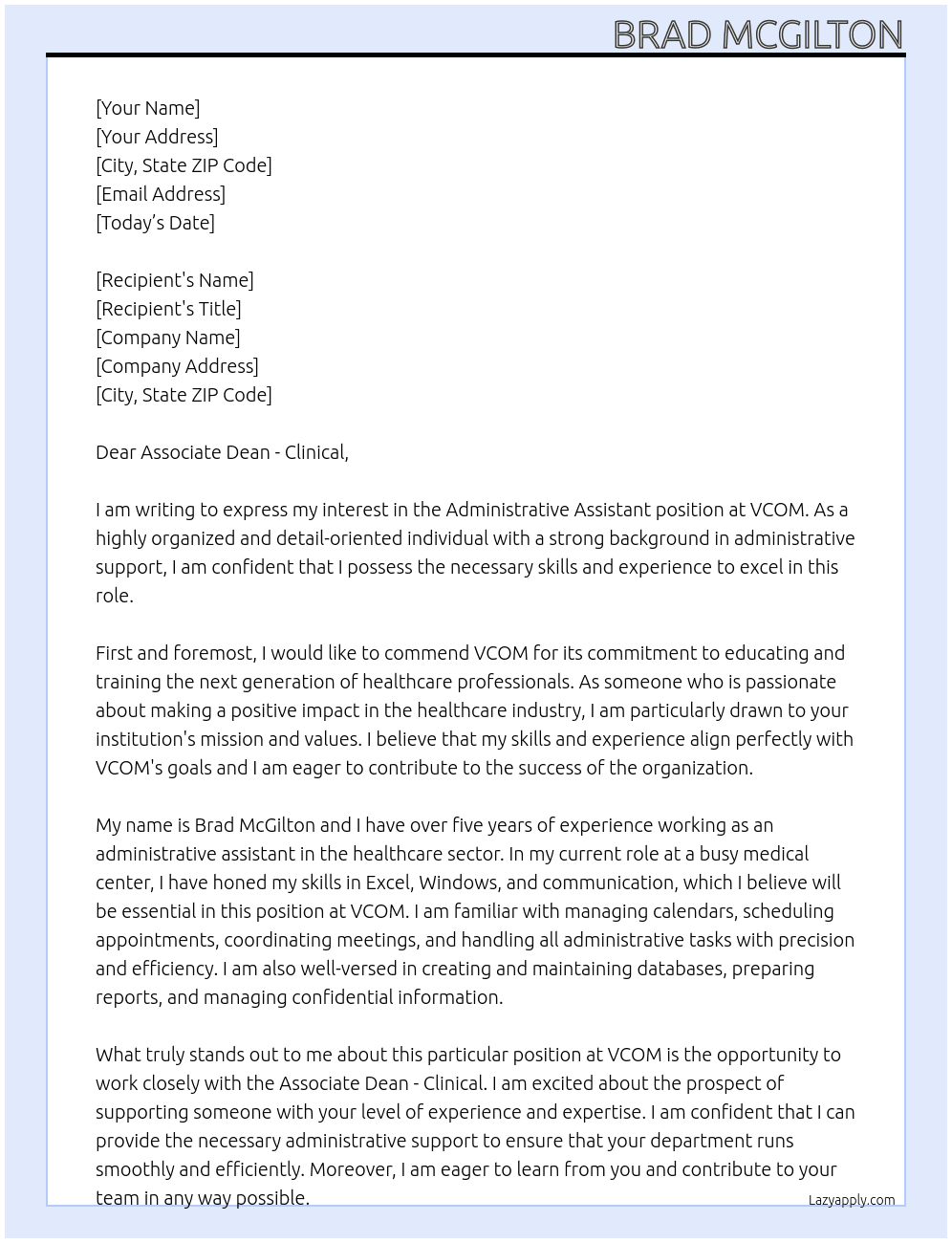 Administrative Assistant  At VCOM Cover Letter