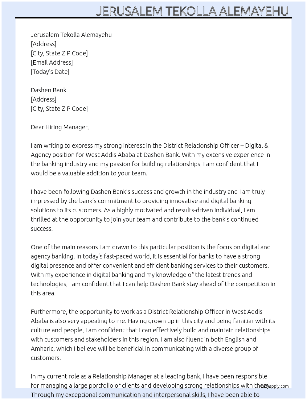 District Relationship Officer - Digital & Agency for West Addis Ababa At Dashen Bank  Cover Letter