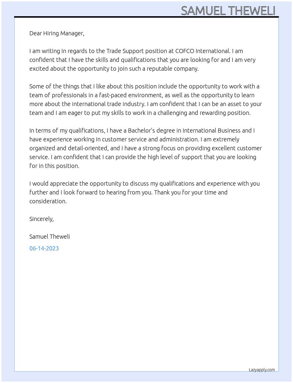 Trade Support  At COFCO International  Cover Letter