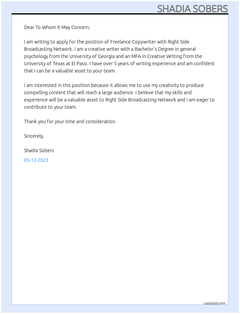Freelance Copywriter  At Right Side Broadcasting Network Cover Letter