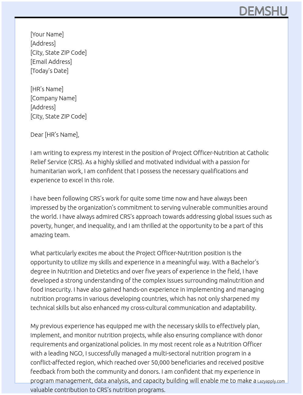 Project Officer-Nutrition At Catholic Relief Service(CRS) Cover Letter