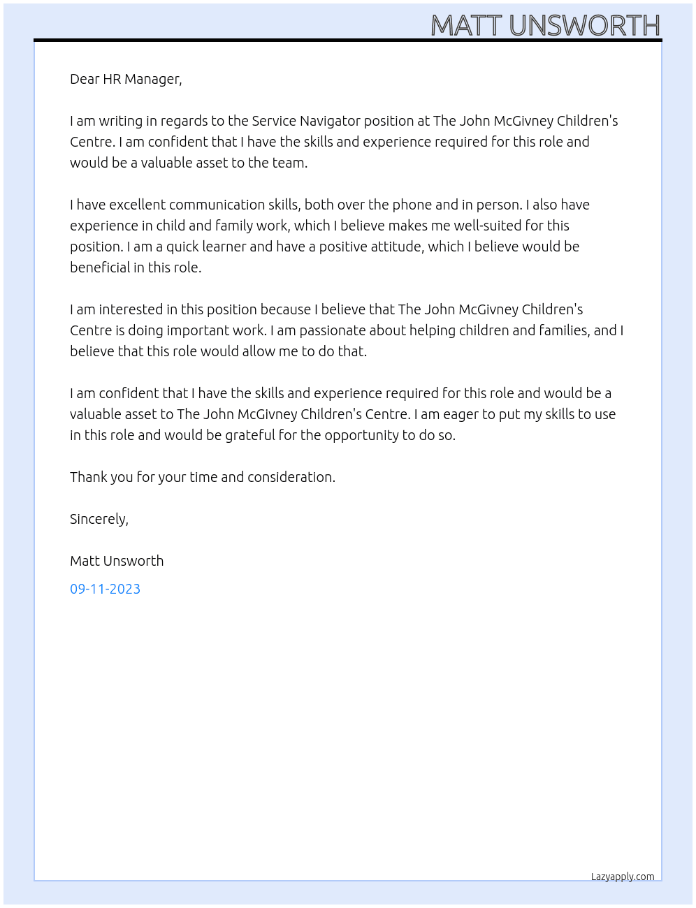 Service Navigator At The John McGivney Children's Centre Cover Letter
