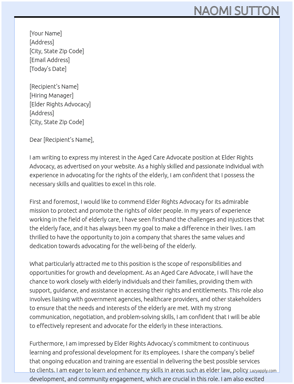 Aged Care Advocate At Elder Rights Advocacy Cover Letter