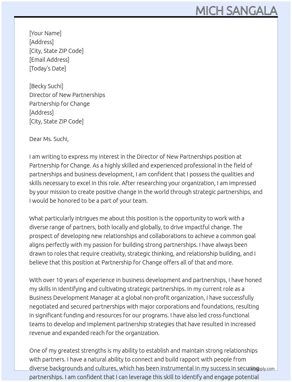 director of new partnerships At Partnership for Change Cover Letter