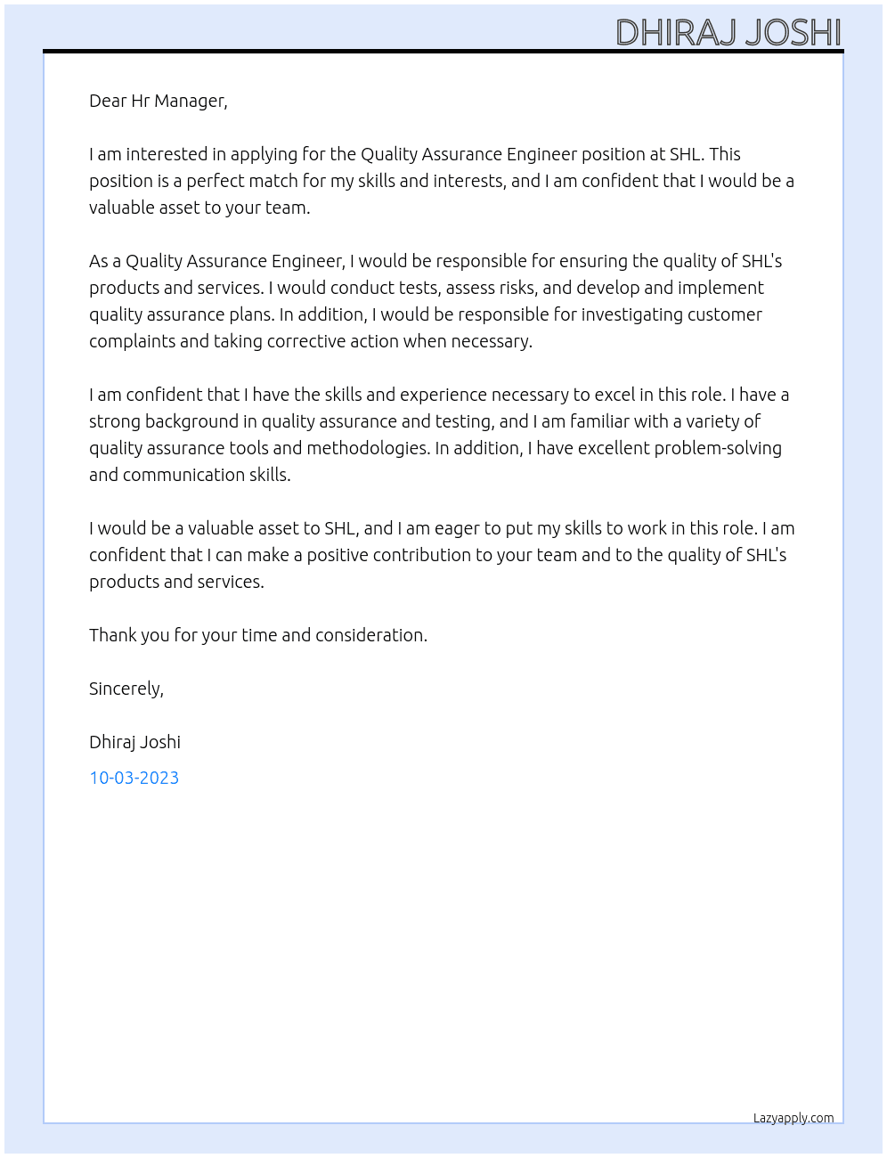 Quality Assurance Engineer At SHL Cover Letter
