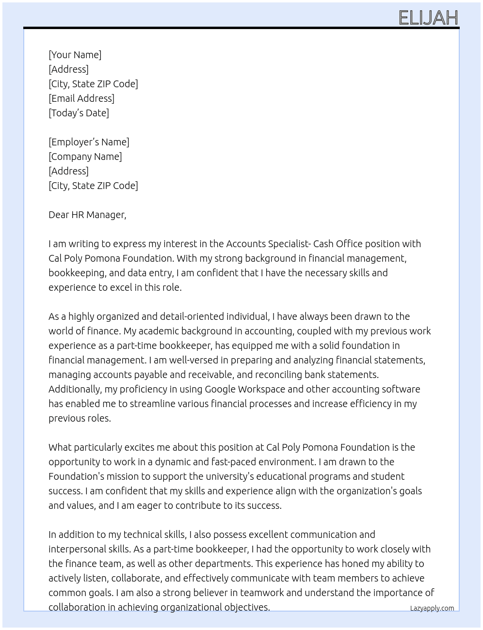 Accounts Specialist- Cash Office  At Cal Poly Pomona Foundation Cover Letter