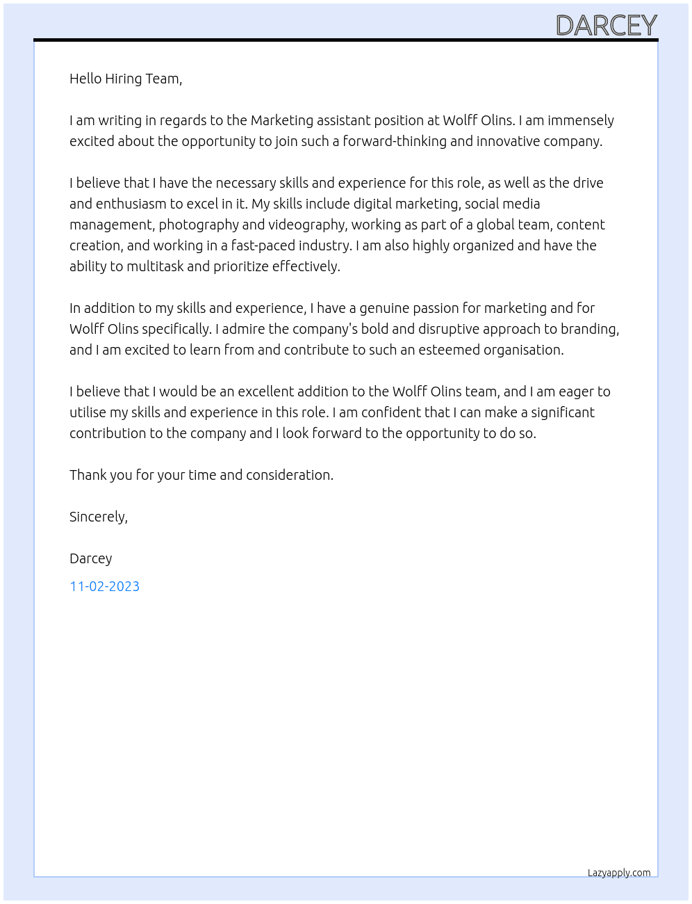 Marketing assistant At Wolff Olins Cover Letter