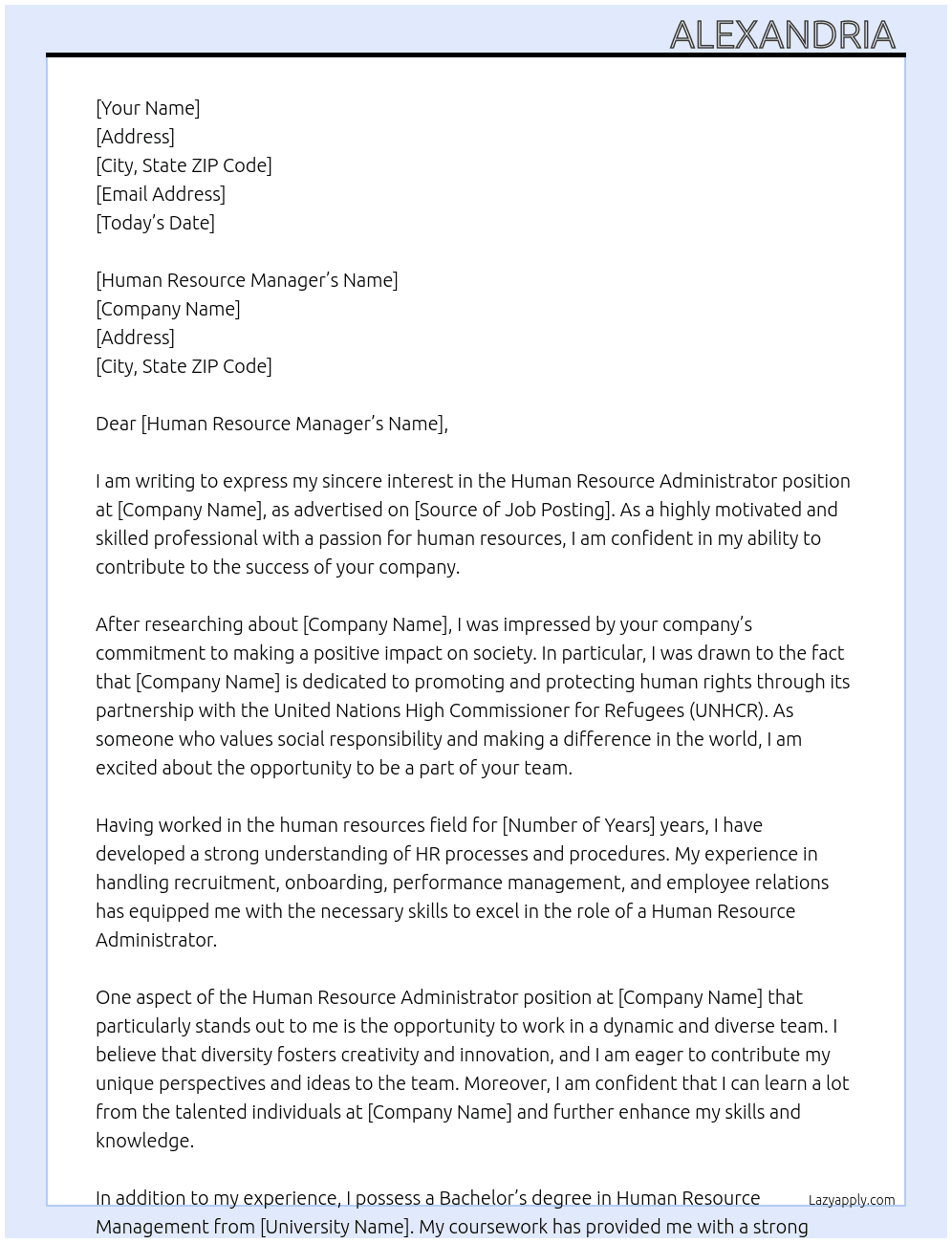 human resource administrator  At unchr Cover Letter